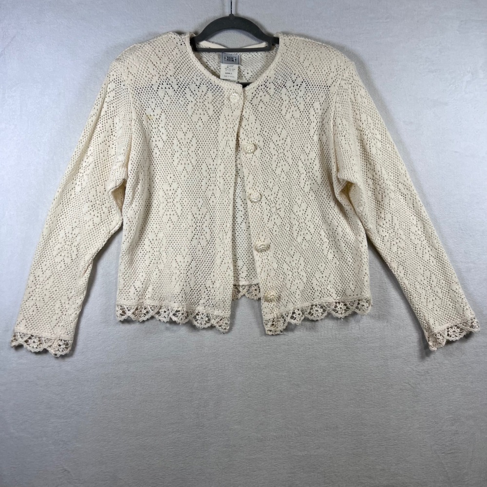 Womens Vintage Cream Pointelle Knit Lace Trim Cardigan Small Y2K Cottagecore